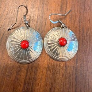 Silver Disc Earrings with Red Center